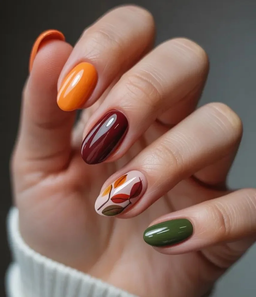 fall medium nail ideas 2026 Elegant Autumn Leaf Palette In Rich Seasonal Shades