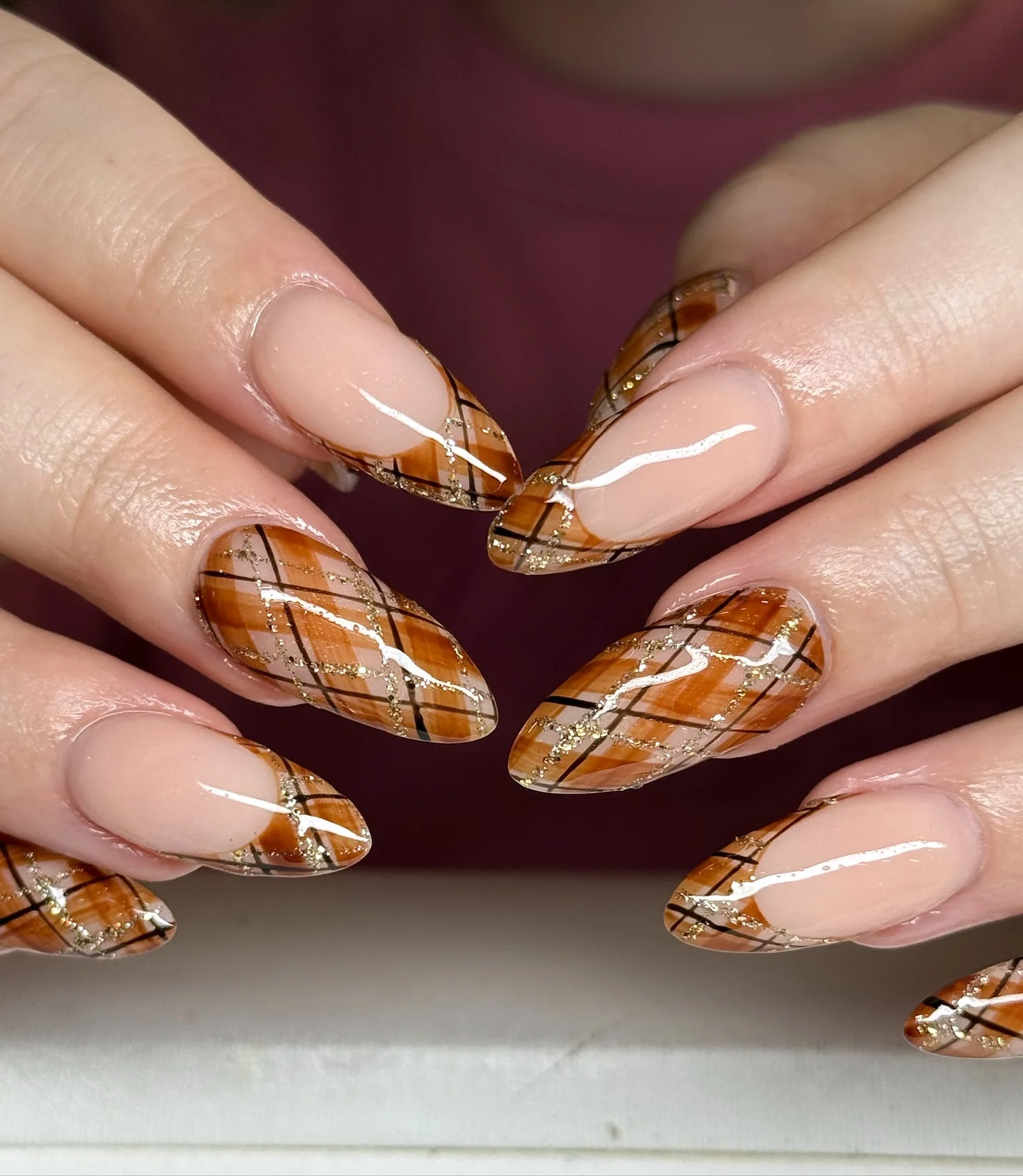 fall nail for all plates skin 2026 Golden Plaid French Tips For Elegant Autumn Style