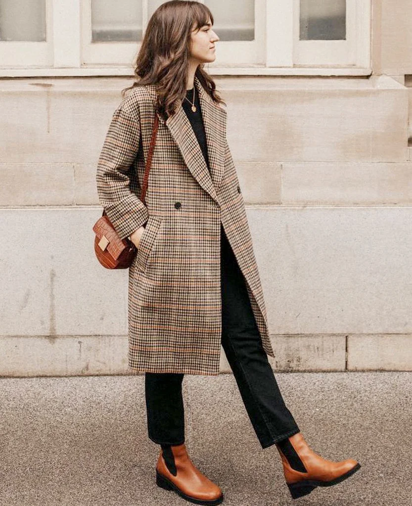 fall outfits with chelsea boots 2026 Tailored Check Coats And Tan Boots Never Go Out Of Style