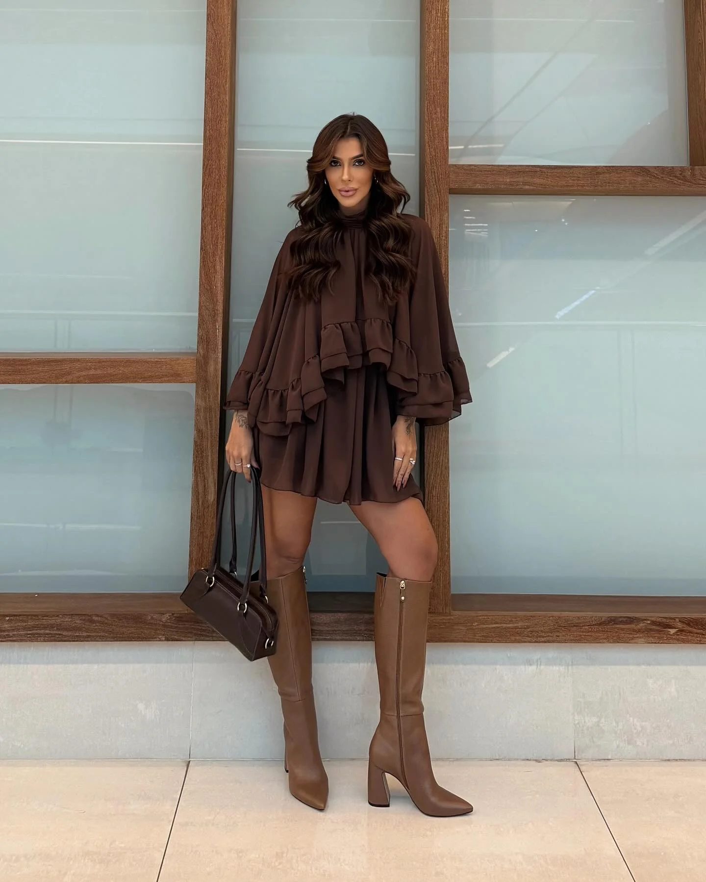 nice fall outfits for dinner 2026 Chocolate Mini Dress With Tall Leather Boots