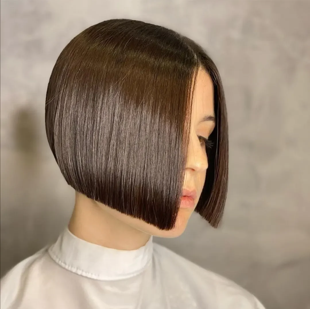 short bobbed hairstyle Precision Angled Bob With Mirror Shine