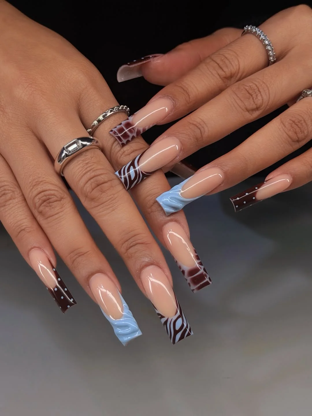 fall acrylic nails 2026 Abstract Chocolate And Blue French Tip Statement Nails