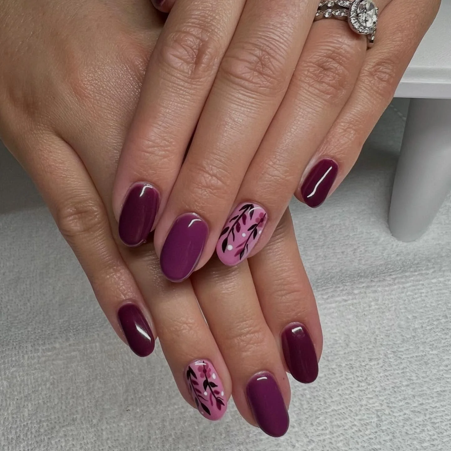 fall manicure 2026 Rich Berry Plum Nails With Modern Botanical Art