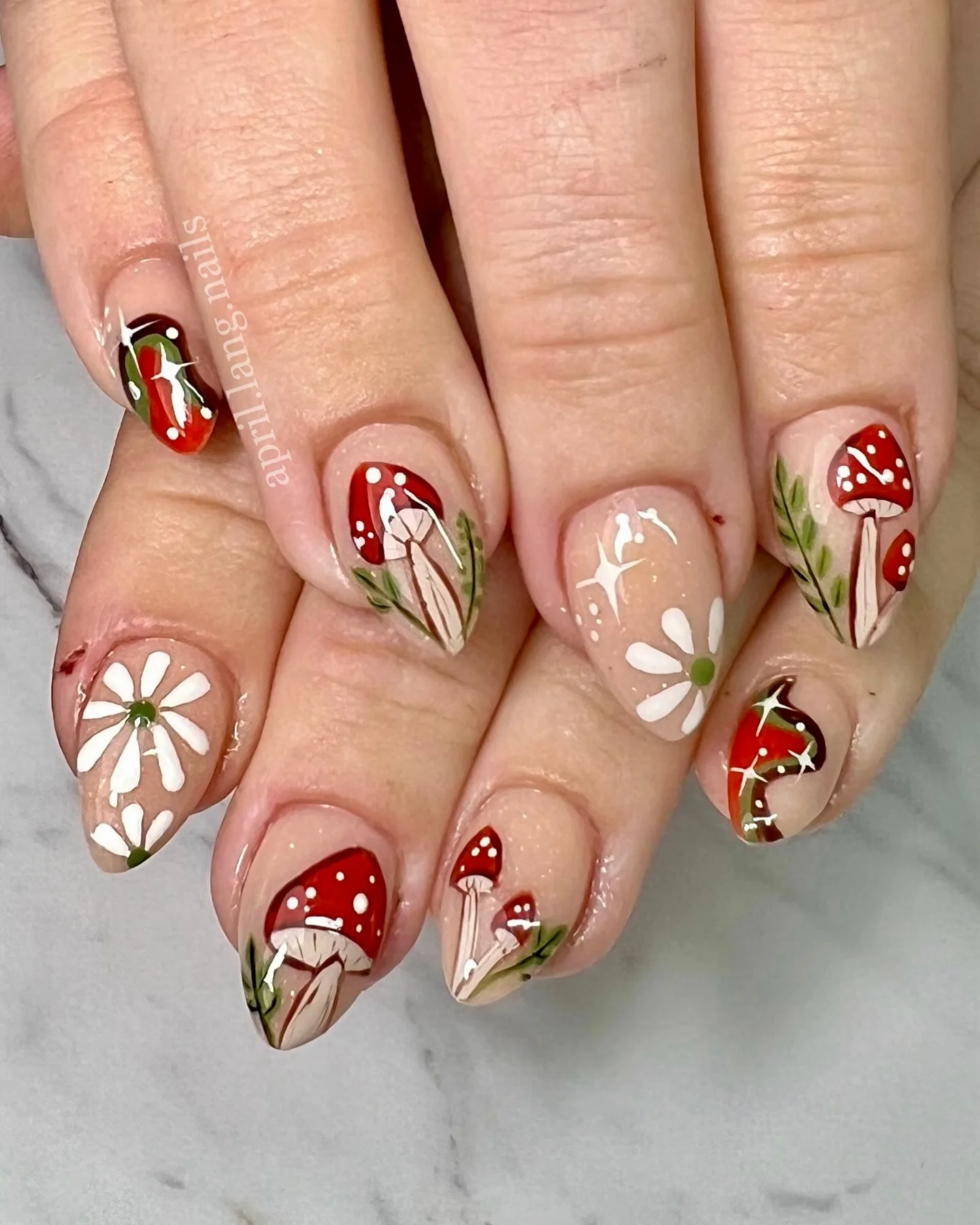 fall nail art 2026 Elegant Woodland Mushroom And Daisy Nails