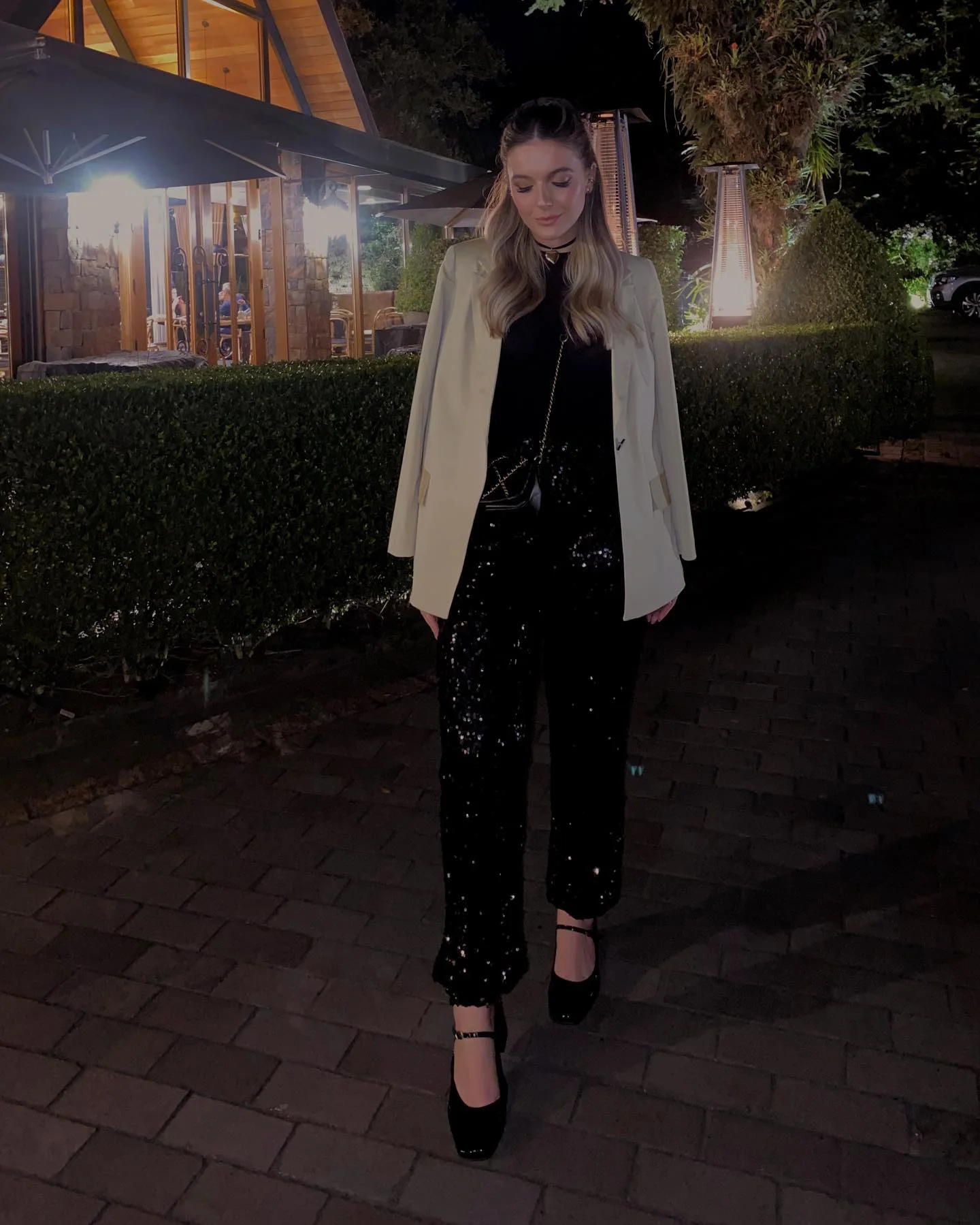 nice fall outfits for dinner 2026 Black Sequins With A Cream Blazer For Evening Elegance