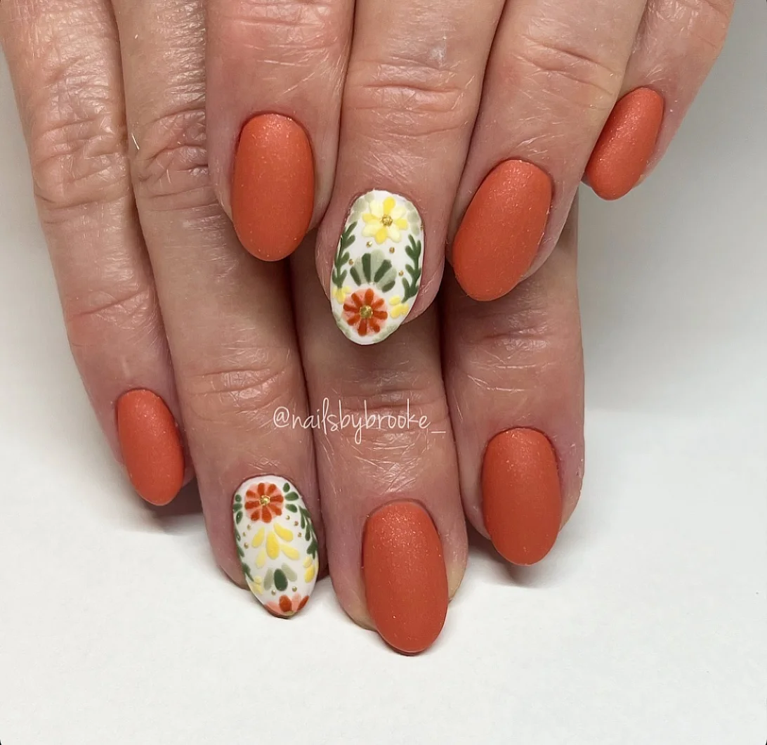 september nail art ideas 2026 Velvety Terracotta Floral Nails With Scandinavian Simplicity