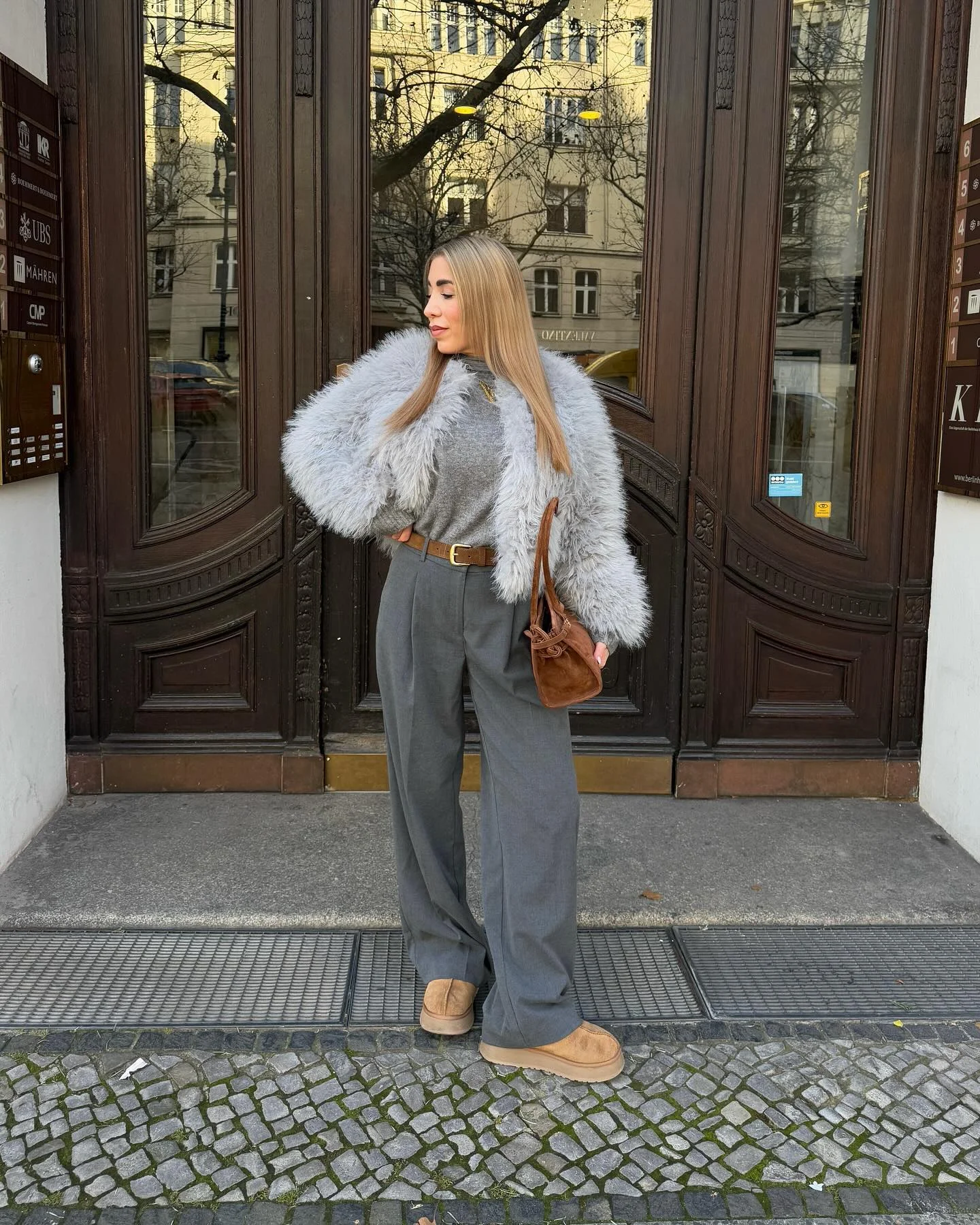shaggy jacket Elegant Grey Texture With Tailored Wide-Leg Trousers