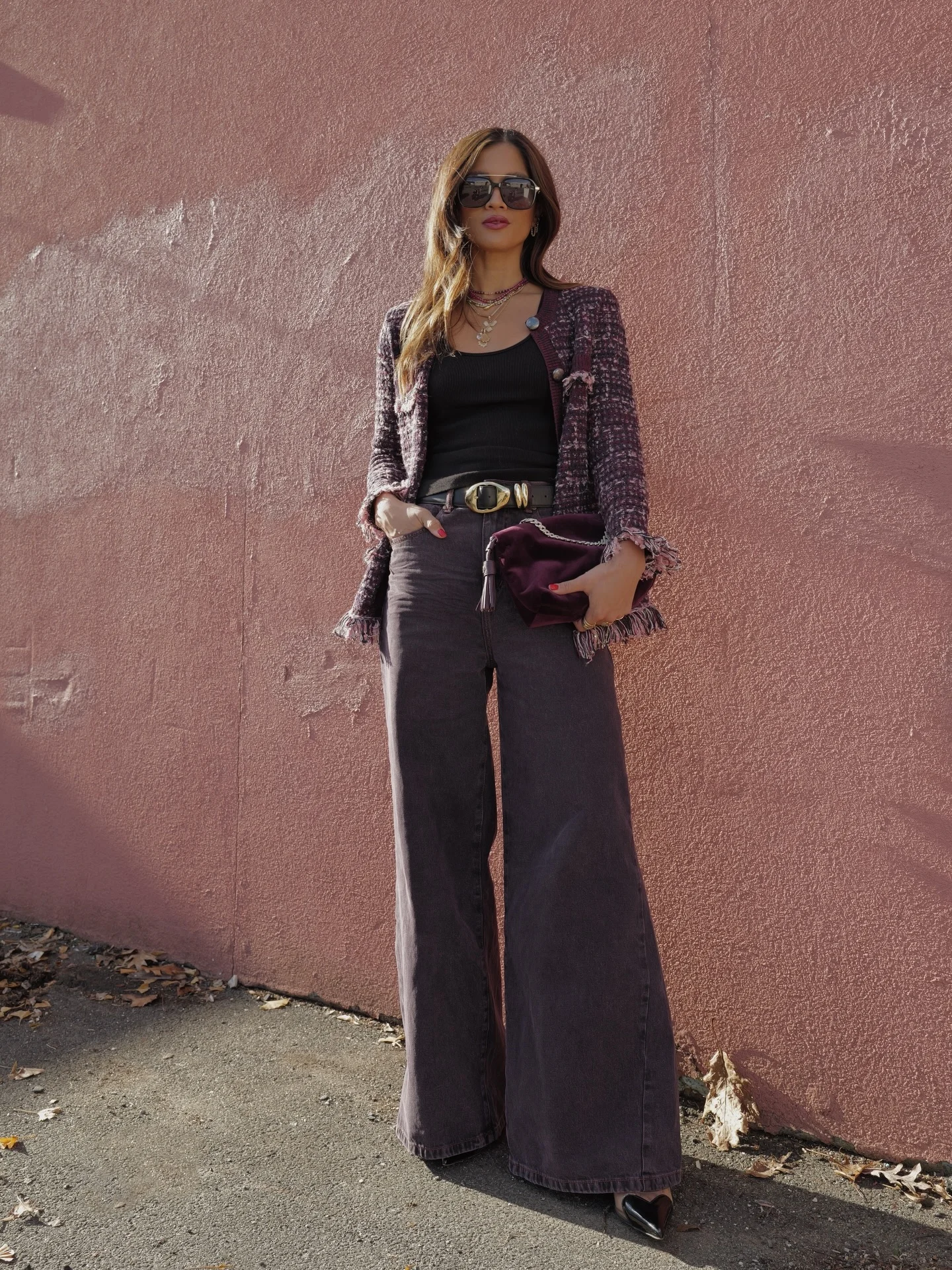 boho chic fall outfits for work 2026 Textured Plum Layers With Wide-Leg Denim