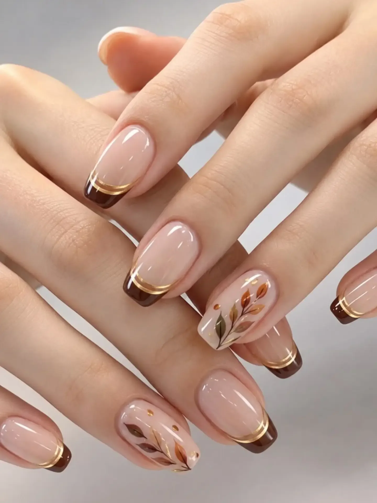 fall acrylic nails 2026 Chocolate French Tips With Delicate Autumn Botanicals