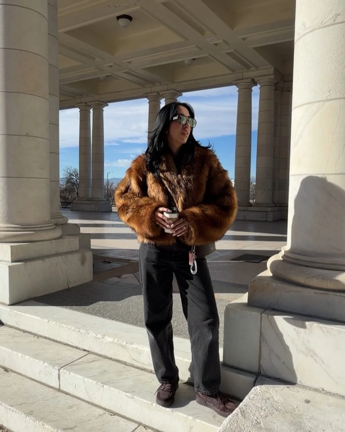 faux fur jacket Warm Cinnamon Faux Fur With Relaxed Black Denim