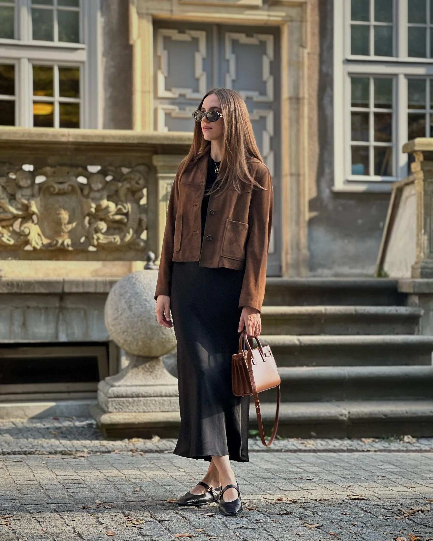 womens modest fall outfits 2026 Chocolate Suede Layers With A Minimal Black Dress