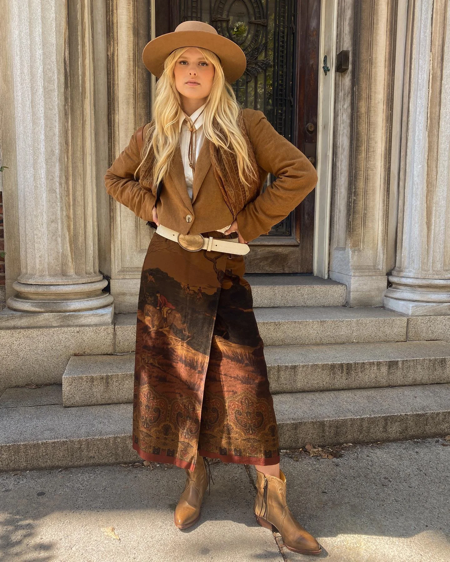 boho chic fall outfits for work 2026 Western Elegance With An Artistic Midi Skirt