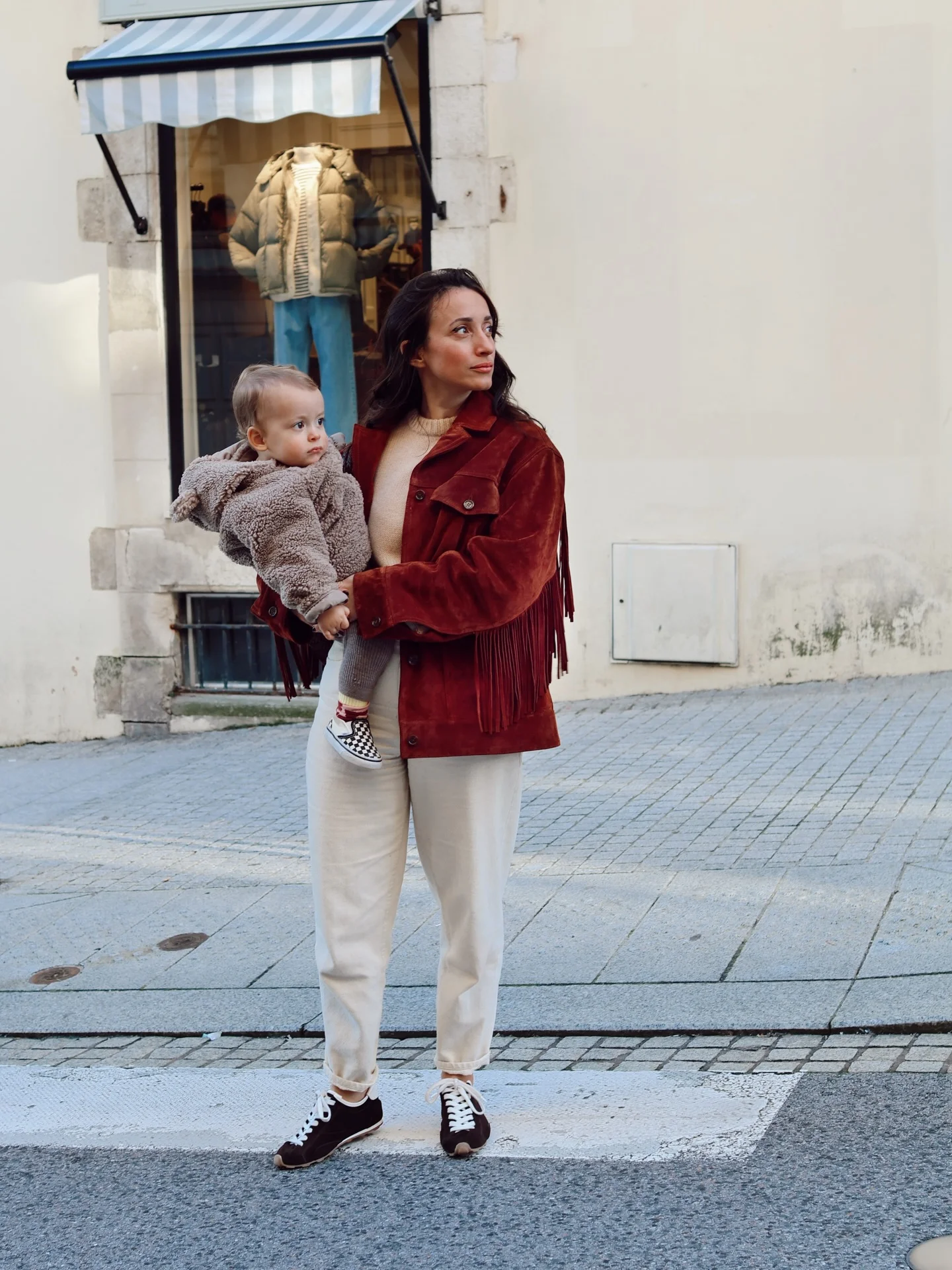 comfy mom outfits fall aesthetic 2026 Rich Cinnamon Suede With Soft Neutral Basics