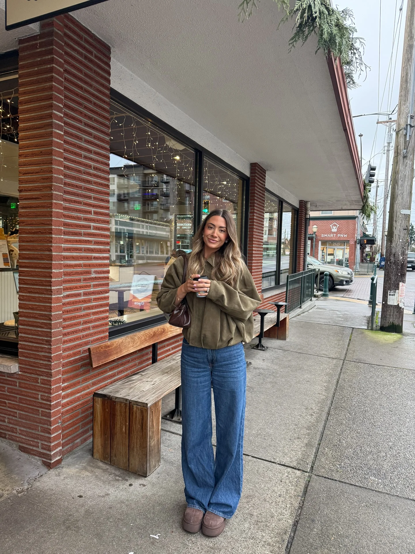 fall comfy outfits 2026 Relaxed Olive Hoodie With Wide-Leg Denim