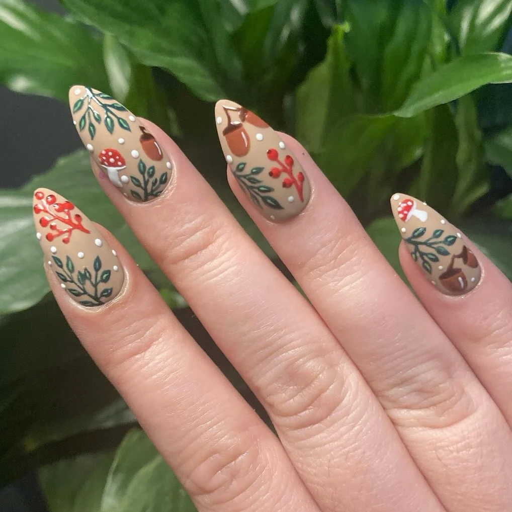 fall manicure 2026 Woodland Botanical Nails With Storybook Charm