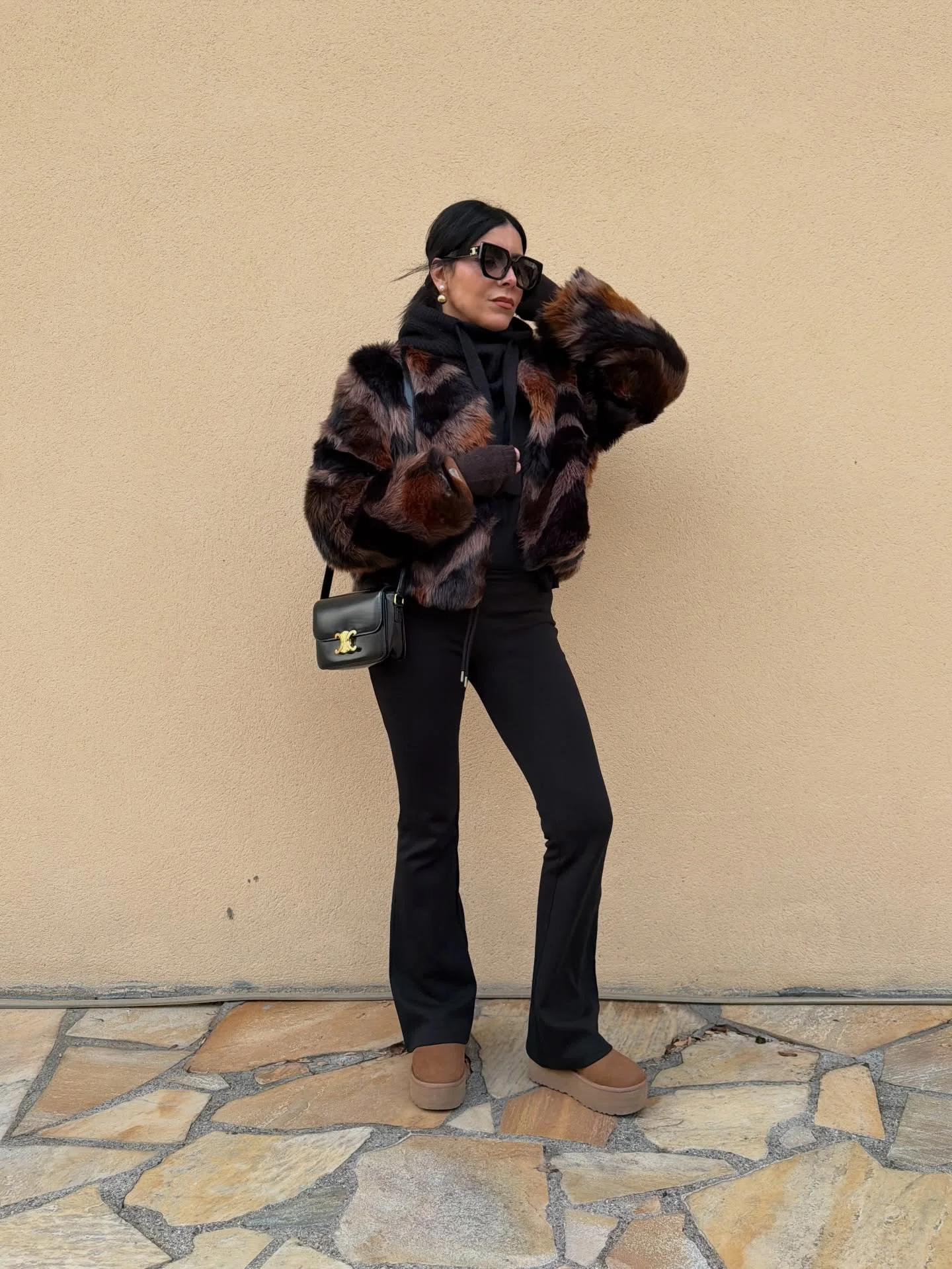 faux fur jacket Dark Chocolate Texture Meets Modern Athleisure