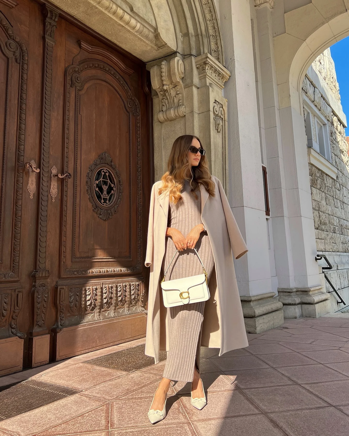 going out outfits fall 2026 Soft Neutral Knit Dress With A Long Coat For Quiet Luxury Evenings