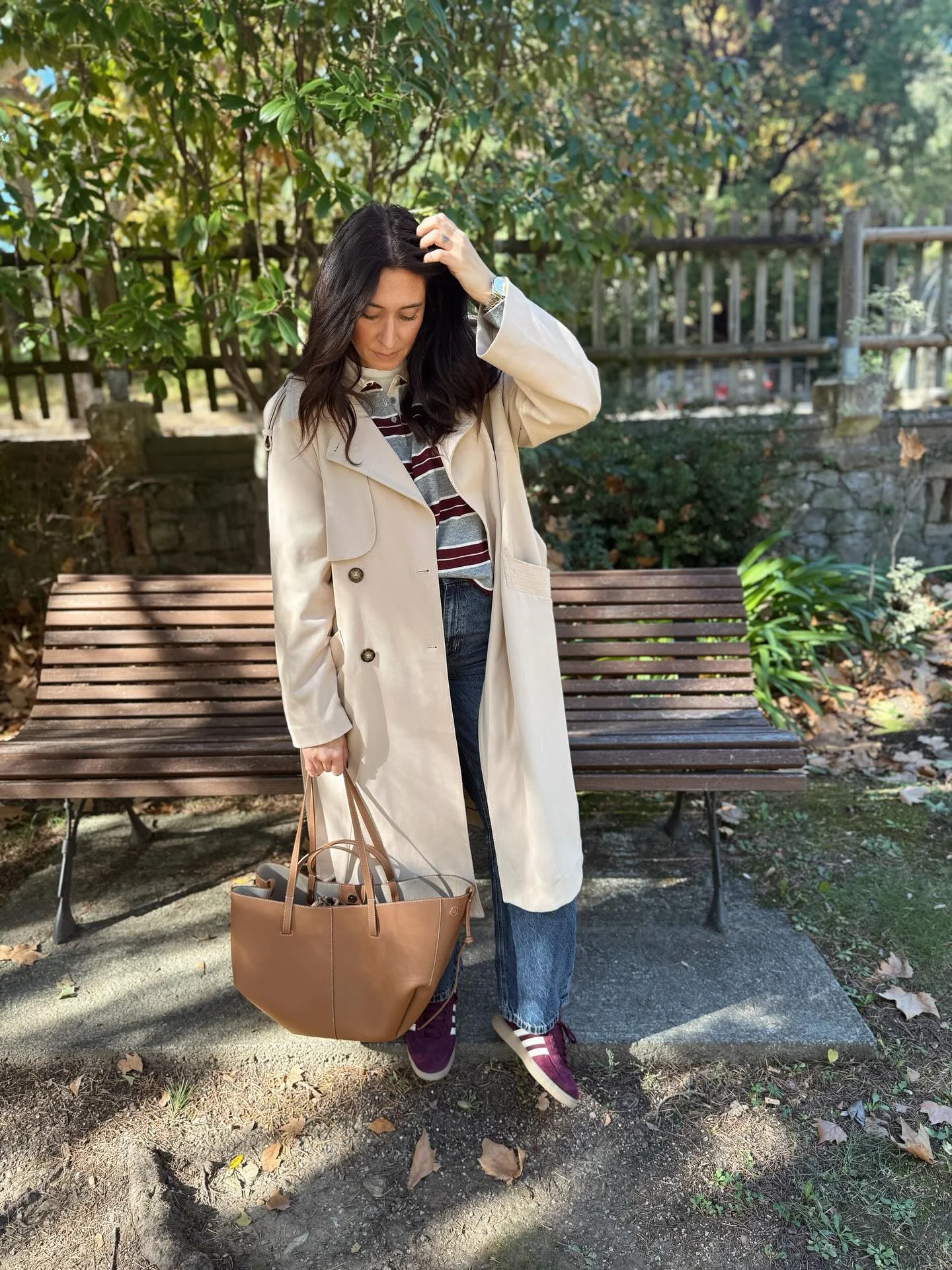 midsize fall fashion outfits 2026 Soft Trench Layers With Denim And Burgundy Sneakers