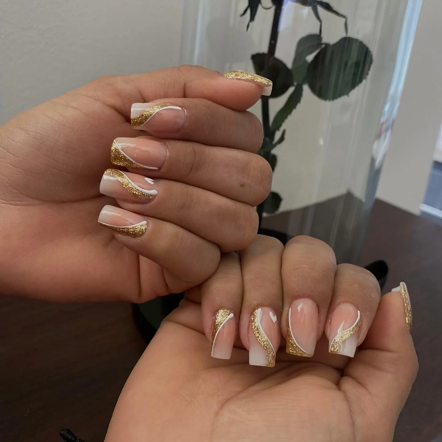fall acrylic nails 2026 Flowing White And Gold Ribbon Nails