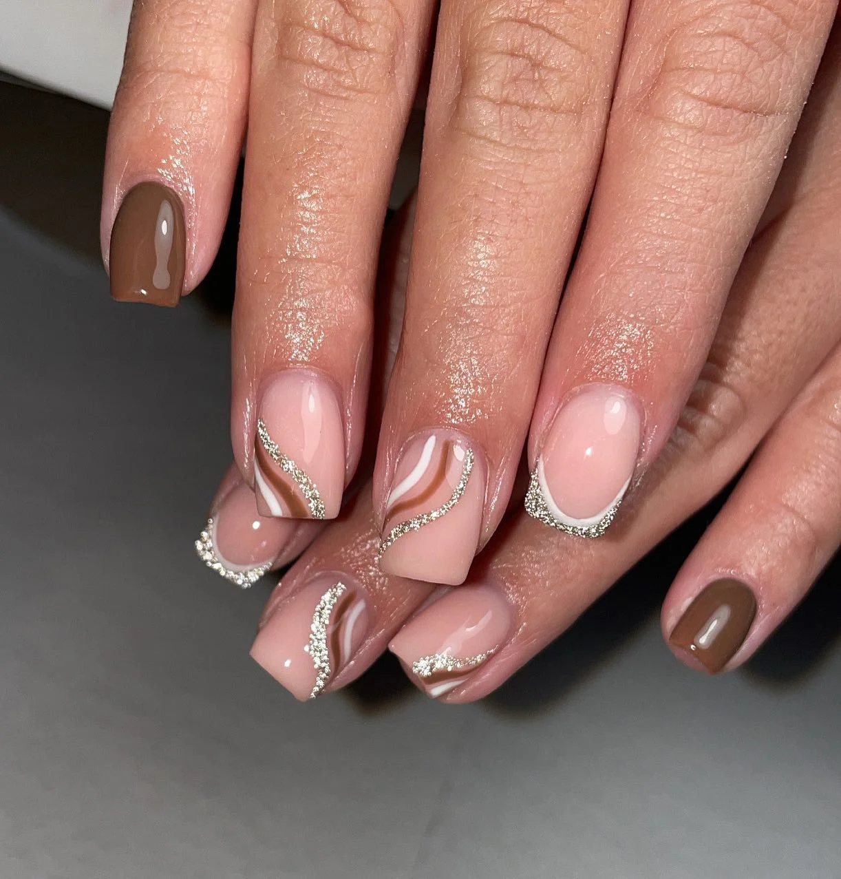 fall medium nail ideas 2026 Soft Mocha Waves With Sparkling French Details