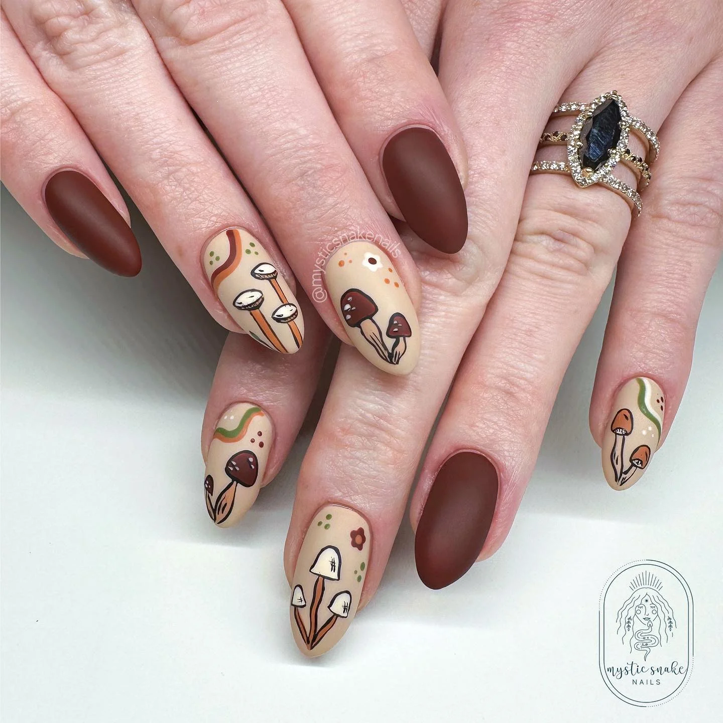 fall nail art 2026 Matte Woodland Mushroom Nails In Earthy Brown Tones