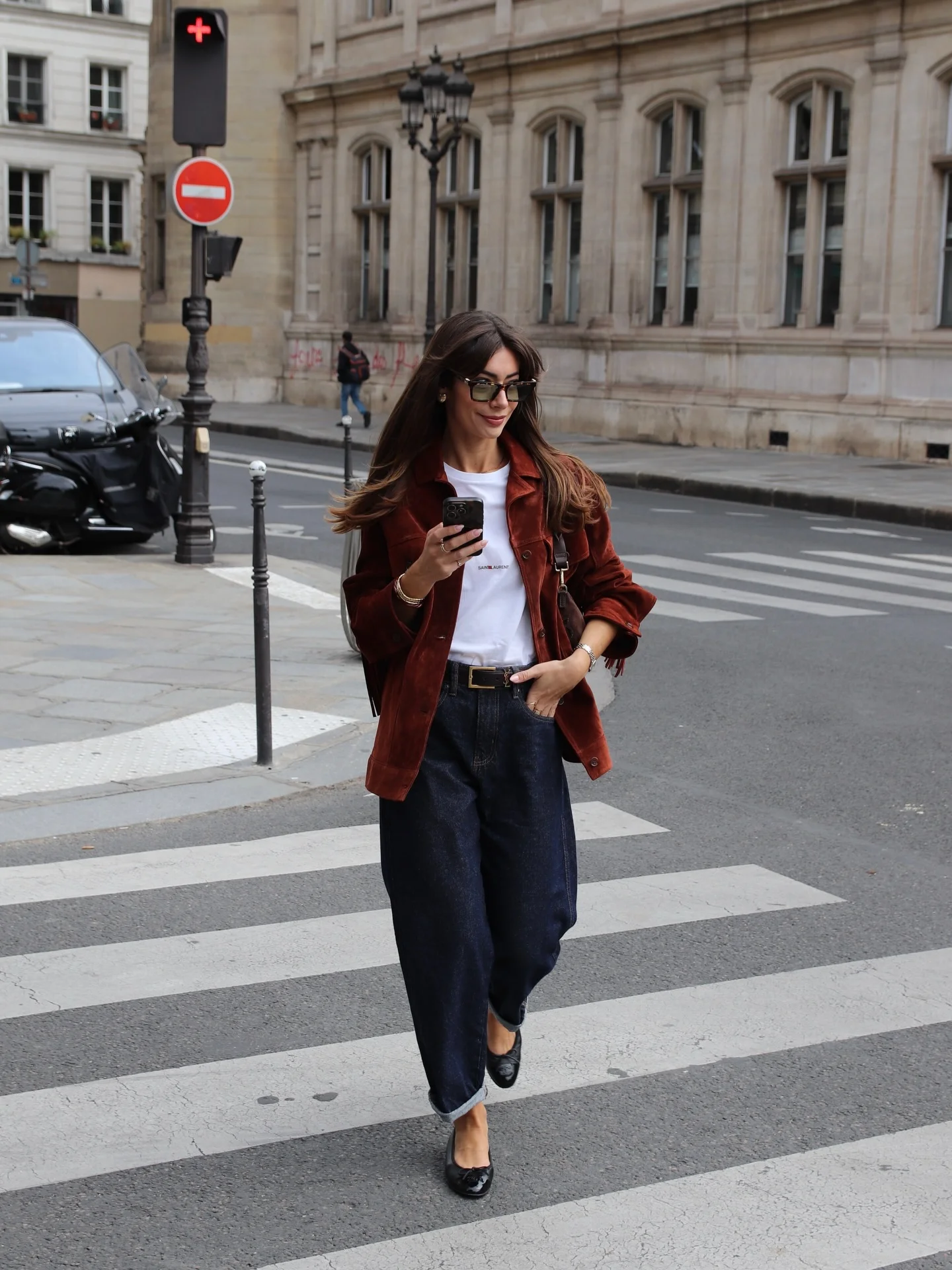 september fashion trends 2026 Rust Suede Jacket And Dark Denim With Parisian Ease