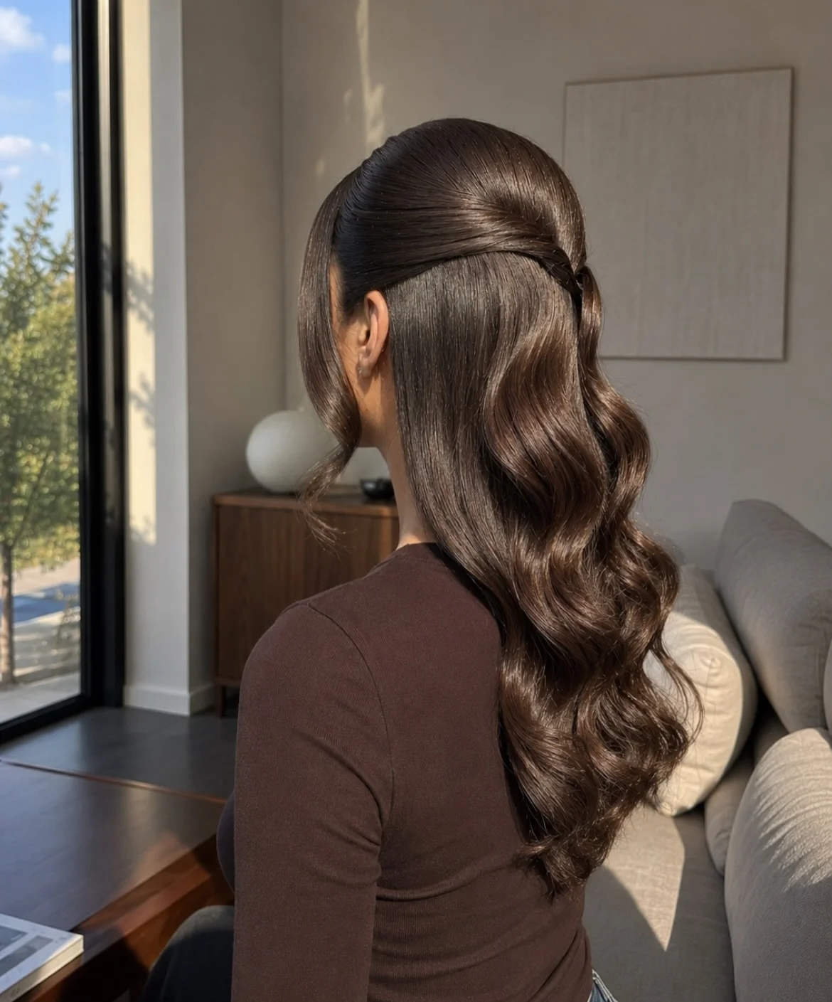 body waves hairstyle Glossy Twisted Half Ponytail With Luxurious Waves