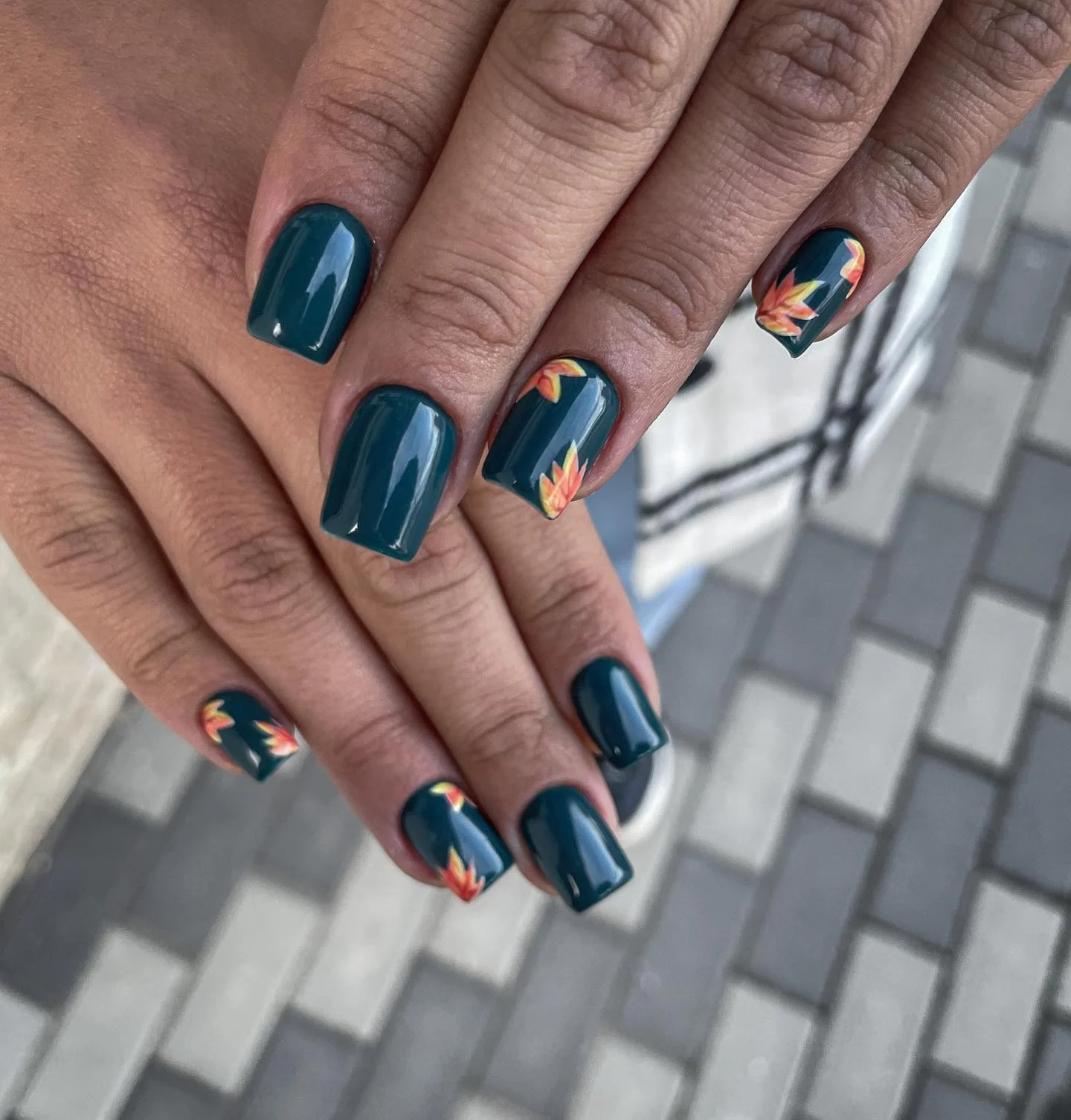 fall medium nail ideas 2026 Deep Forest Green With Minimal Autumn Florals