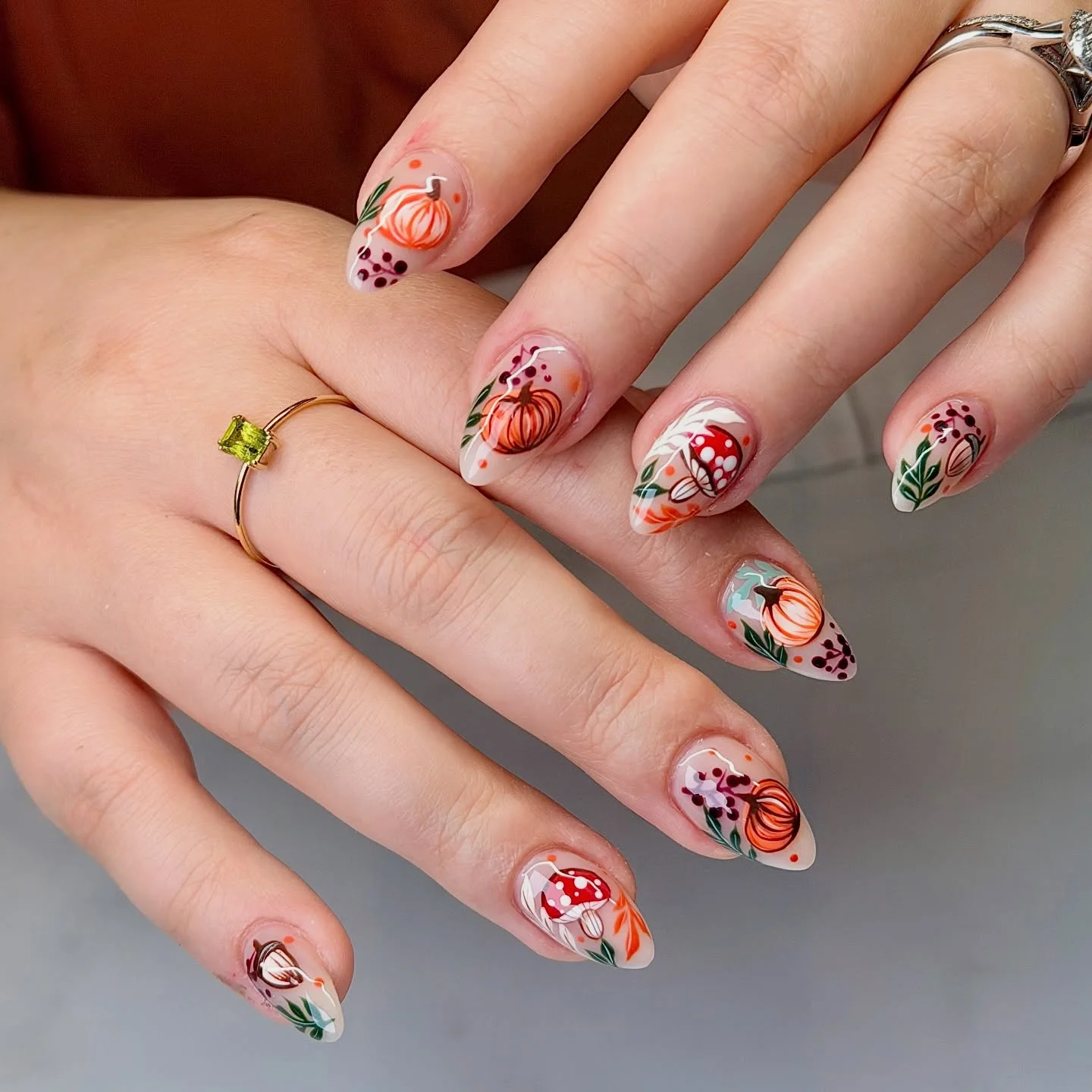 fall nail art 2026 Elegant Autumn Pumpkin And Mushroom Botanical Mix