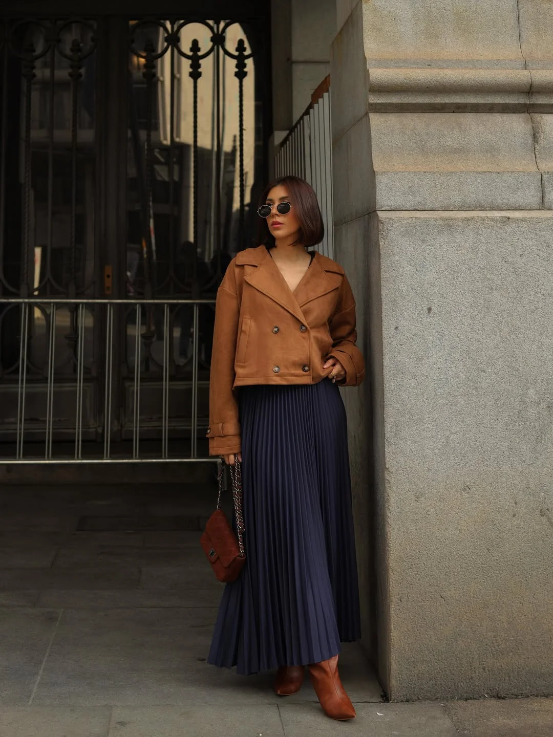 womens modest fall outfits 2026 Warm Caramel Outerwear With A Flowing Pleated Skirt