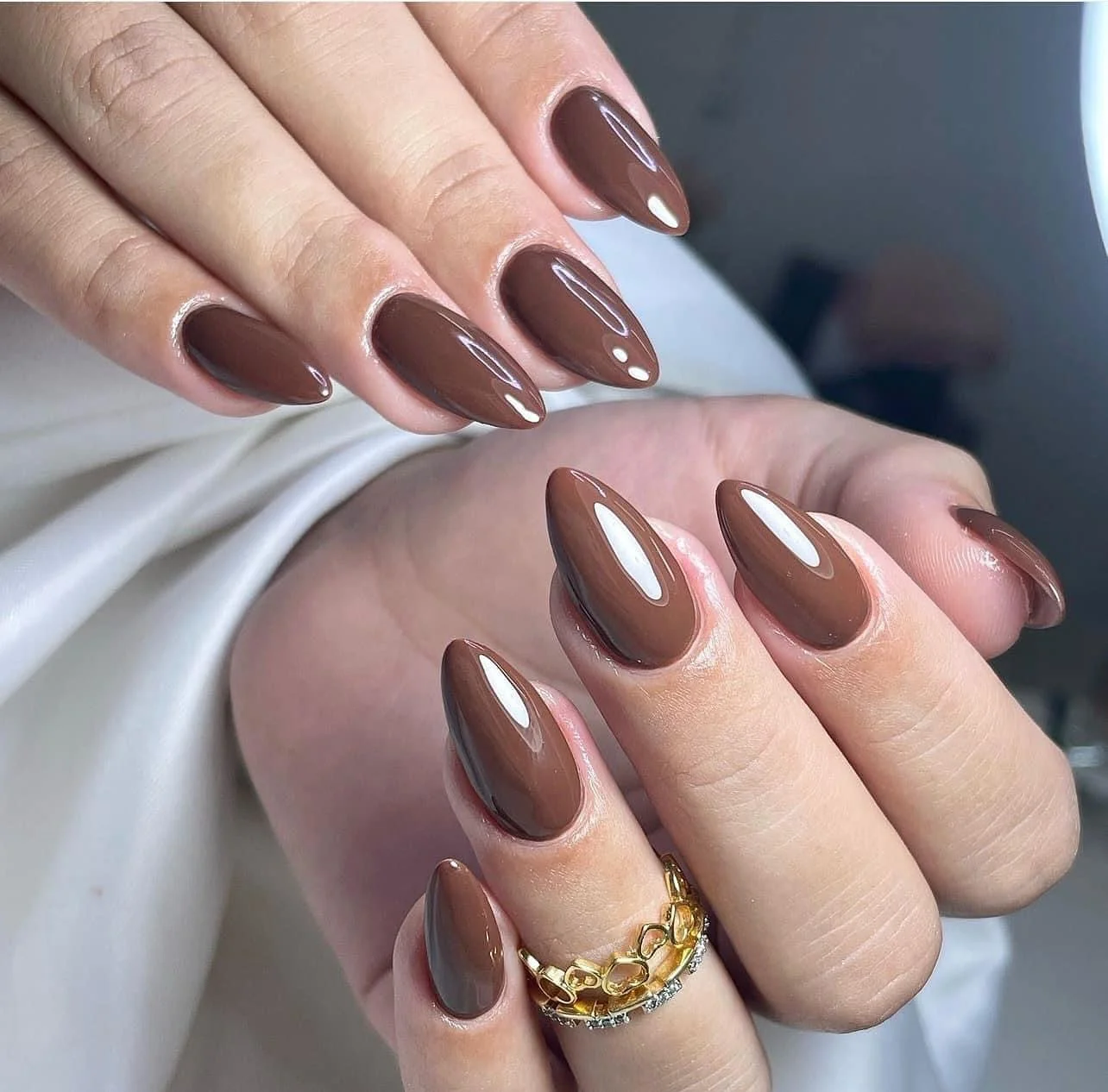 autumn nails color Glossy Chocolate Almond Nails