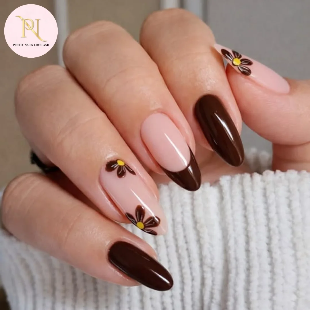 fall gel nails ideas 2026 Chocolate Daisy French Tips With Elegant Autumn Contrast
