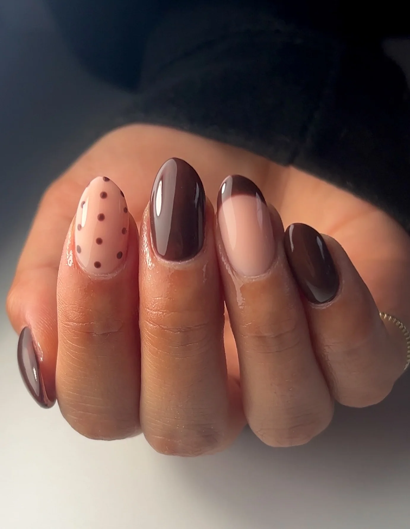fall mid length nails 2026 Chocolate Polka Dot Elegance With Modern French Details