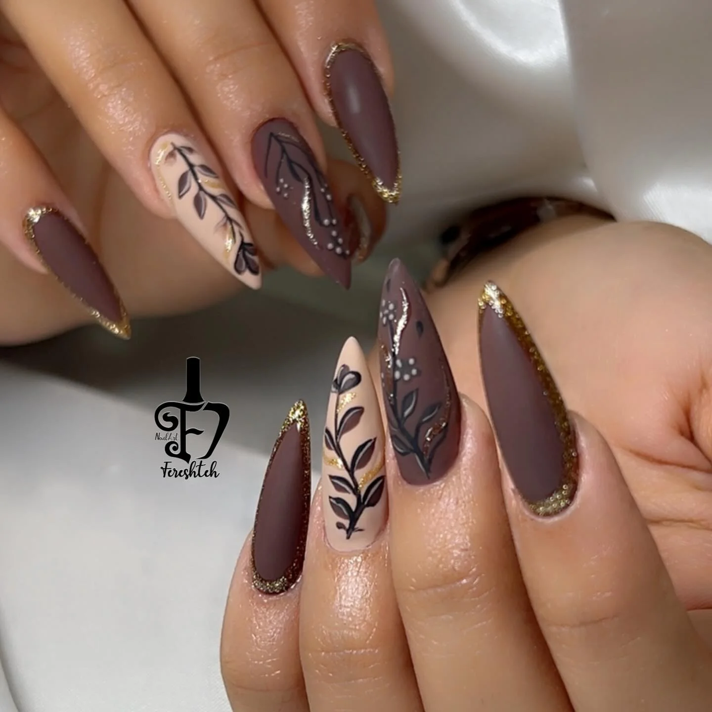 fall nail art ideas 2026 Mocha Almond Nails With Botanical Details