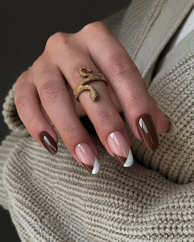 fall nail designs for office 2026 Chocolate French Tips With Modern Curved Accents