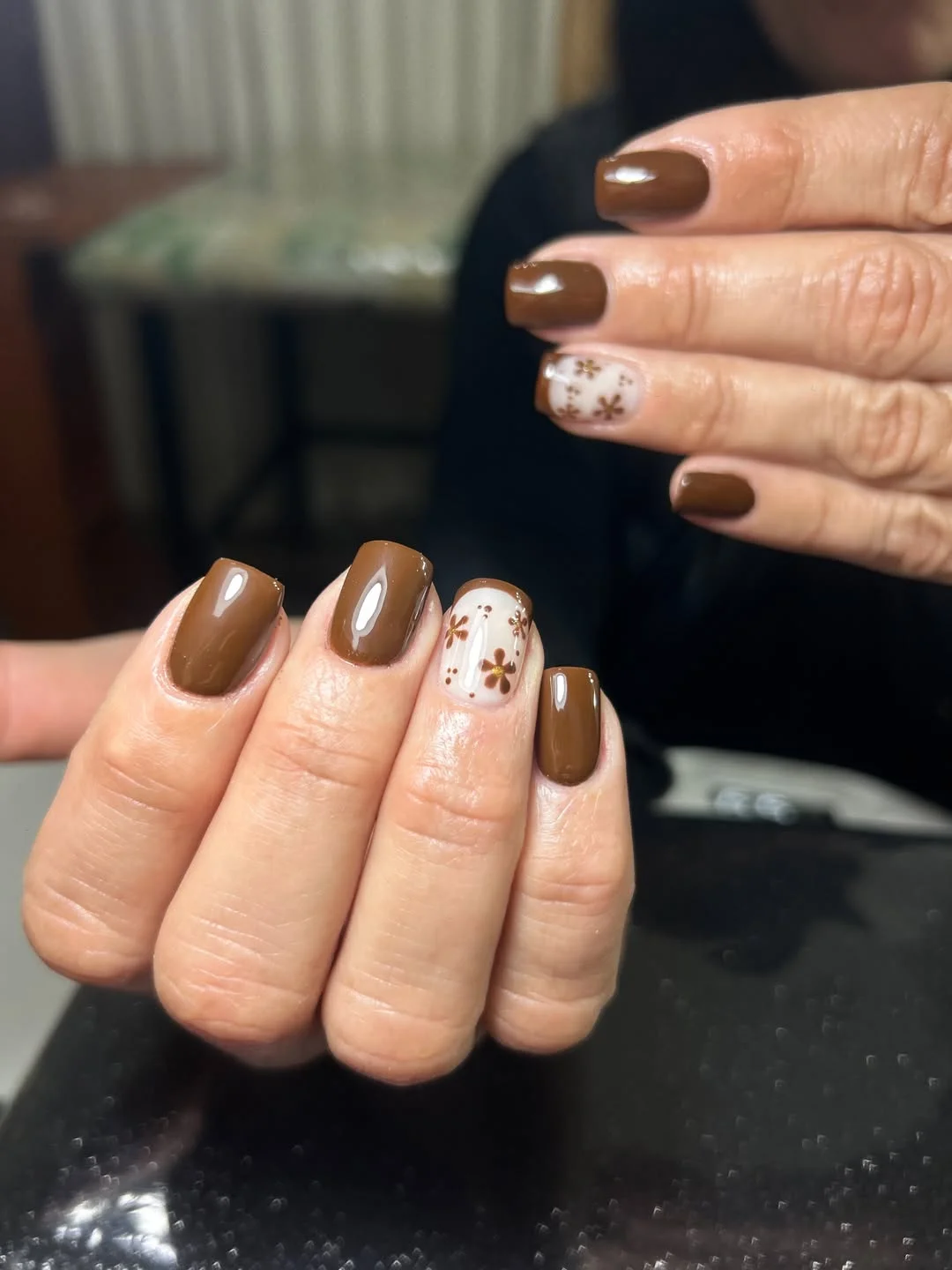 fall nail designs square shape 2026 Glossy Chocolate Nails With Delicate Autumn Florals