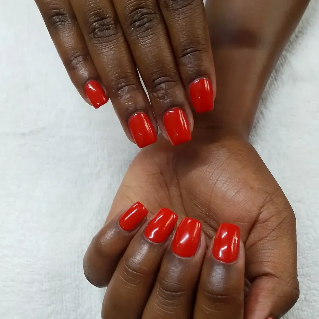 fall nails colors for dark skin Glossy Cherry Red On Short Square Nails