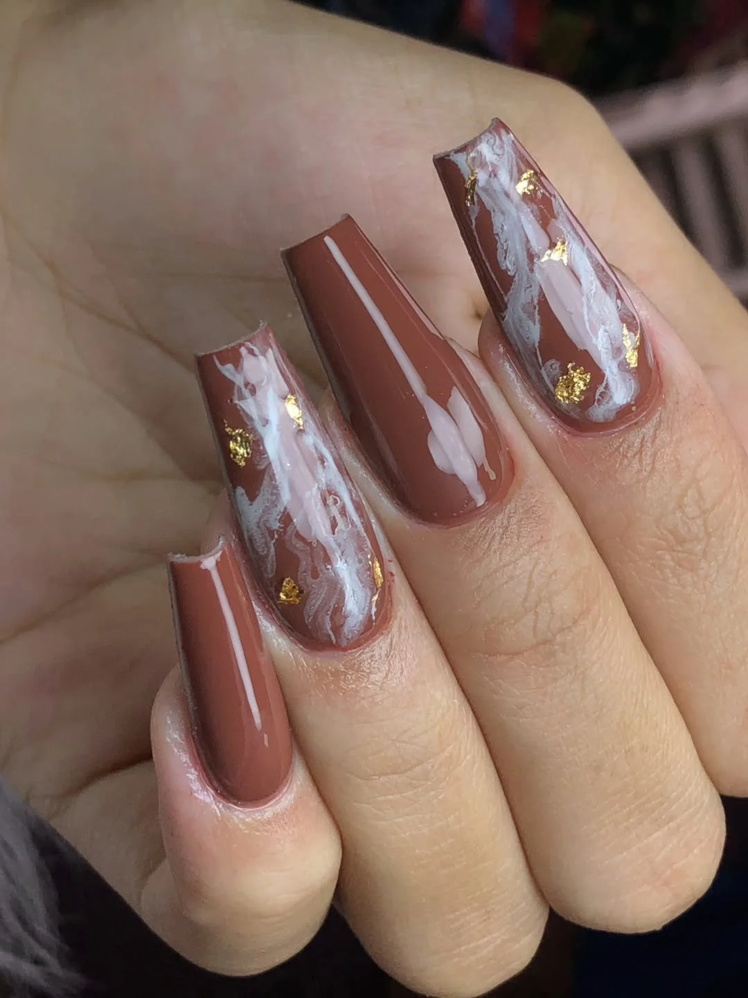 fall nails for fair skin tones Chocolate Brown Marble With Warm Gold Accents