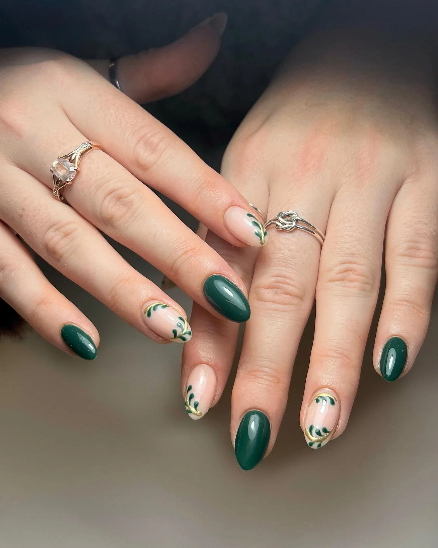 fall nails for pale skin 2026 Deep Forest Green With Delicate Golden Details