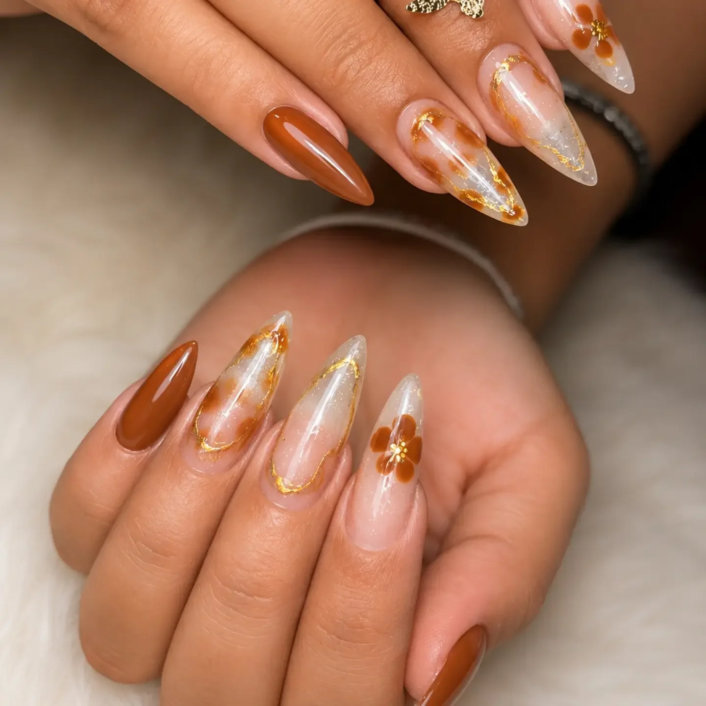 fall nails for tan skin tone Caramel Amber Almond Nails With Golden Details