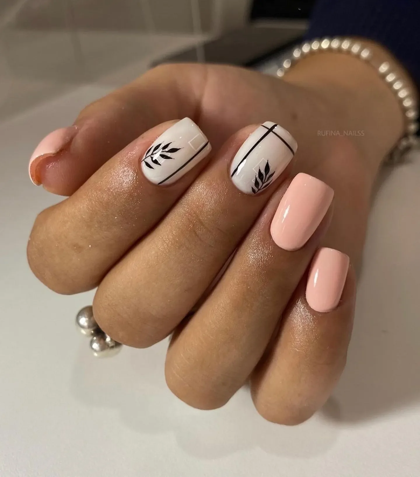 fall nails with autumn designs Soft Pink And Botanical Black Details