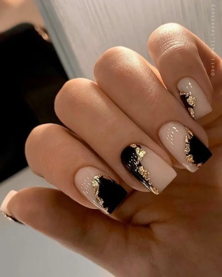 fall square nails 2026 Milky Nude Nails With Black And Gold Accents