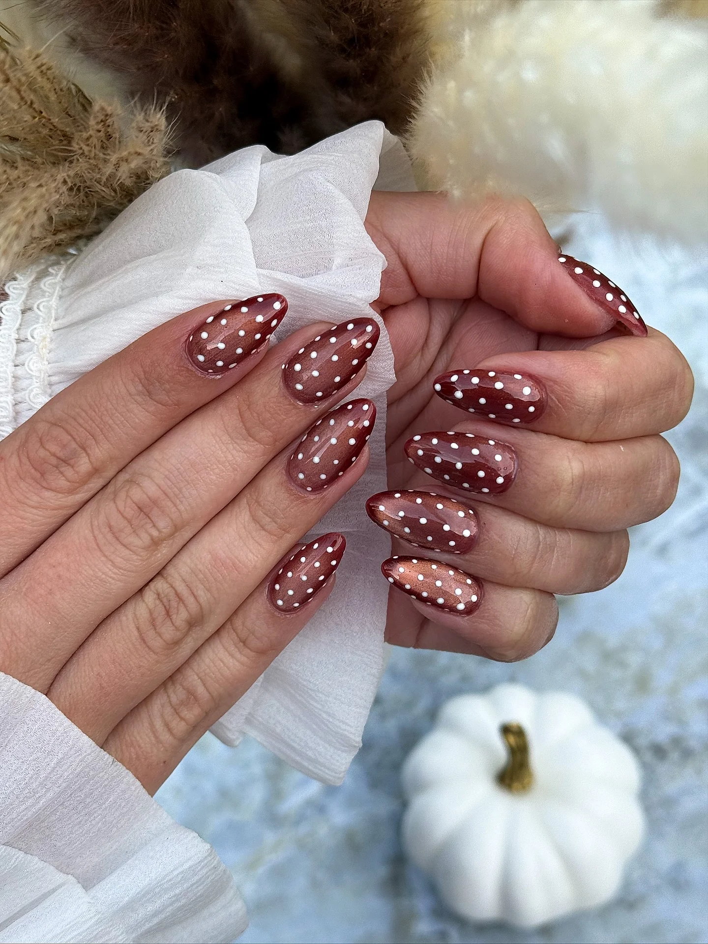 fall trendy nails 2026 Plum Polka Dots On Almond Nails