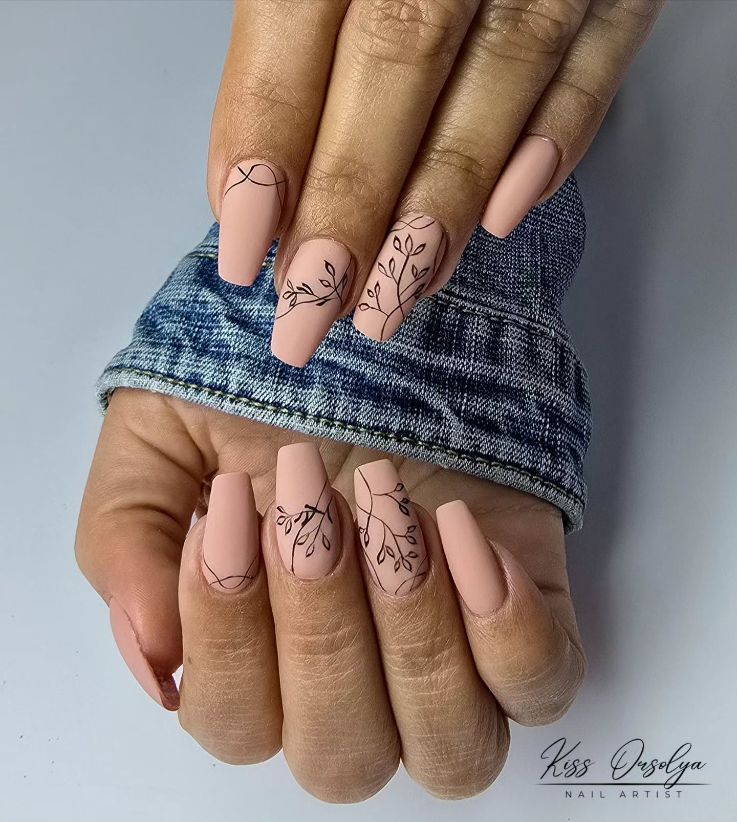 nude fall nails 2026 Matte Nude Coffin Nails With Delicate Botanical Art