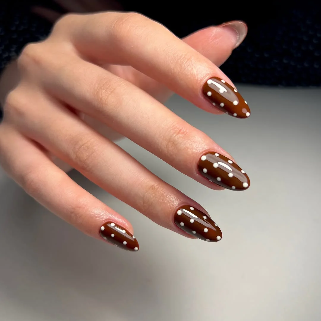 polka dot fall nails 2026 Glossy Chocolate Brown With Playful White Dots