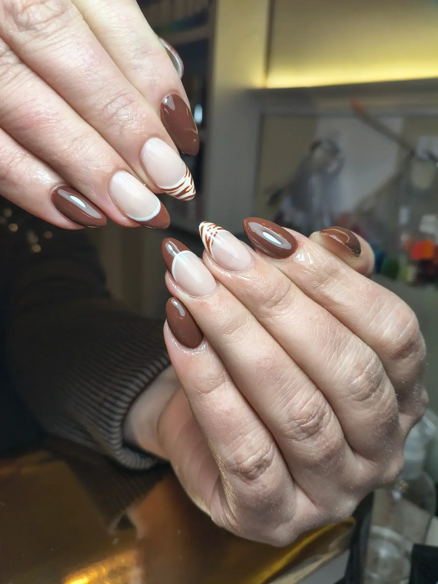 brown fall nails 2026 Elegant French Mocha Almond Nails With Graphic Tips