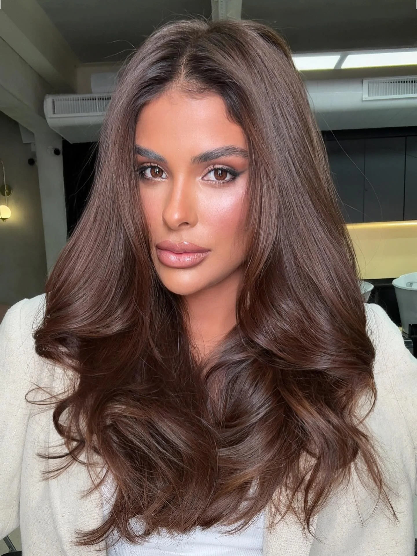 fall brown hair color ideas 2026 Luxury Mocha Brunette With Feathered Volume