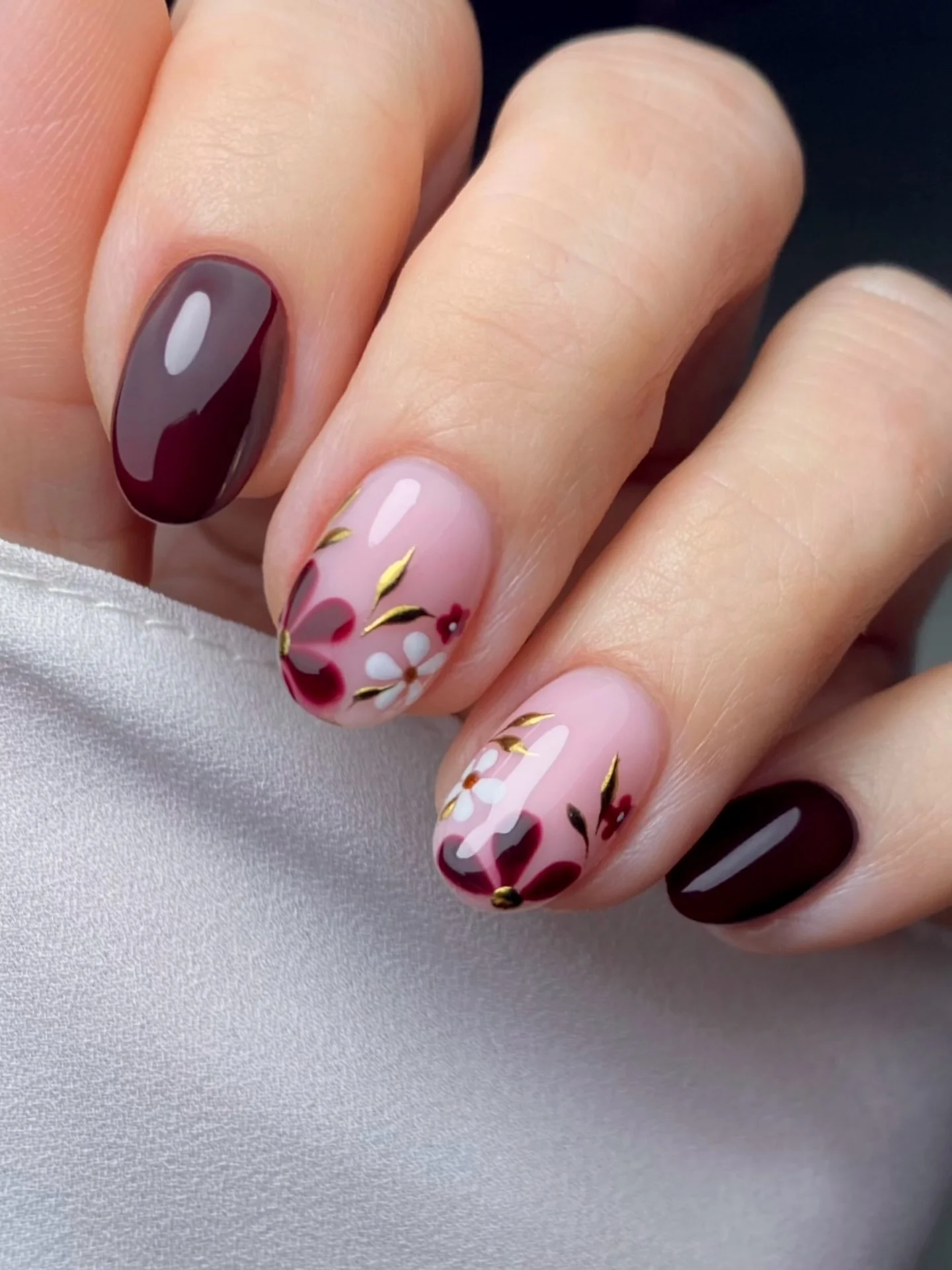 fall burgundy nails with design Soft Pink Florals With Burgundy And Gold Accents