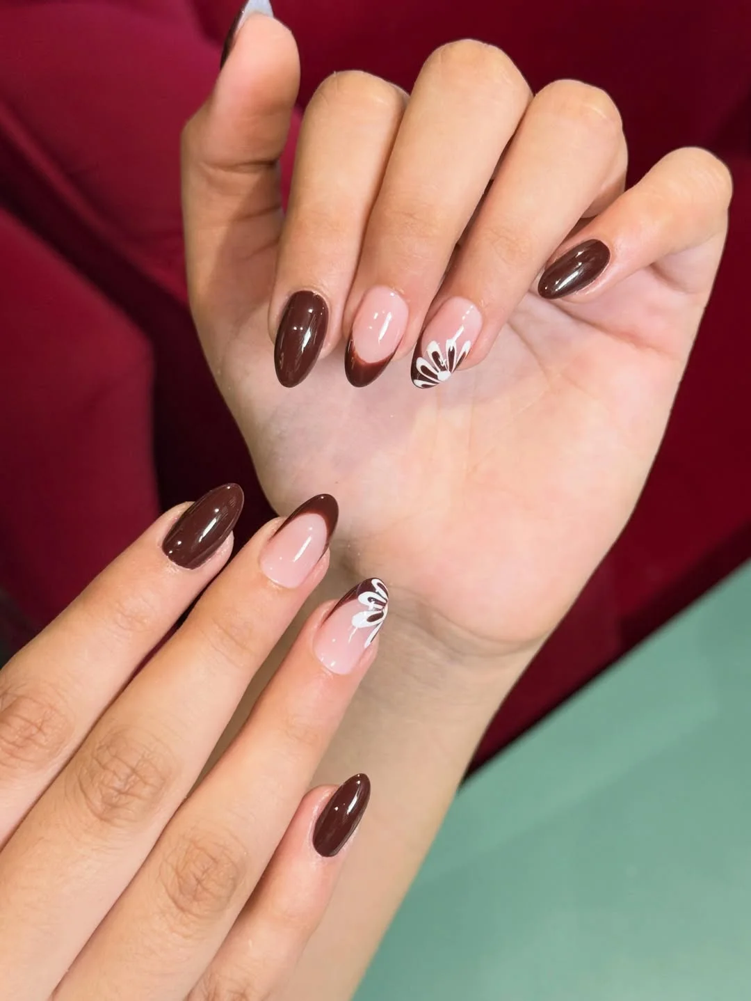 fall gel nails ideas 2026 Glossy Espresso French Tips With Floral Accent