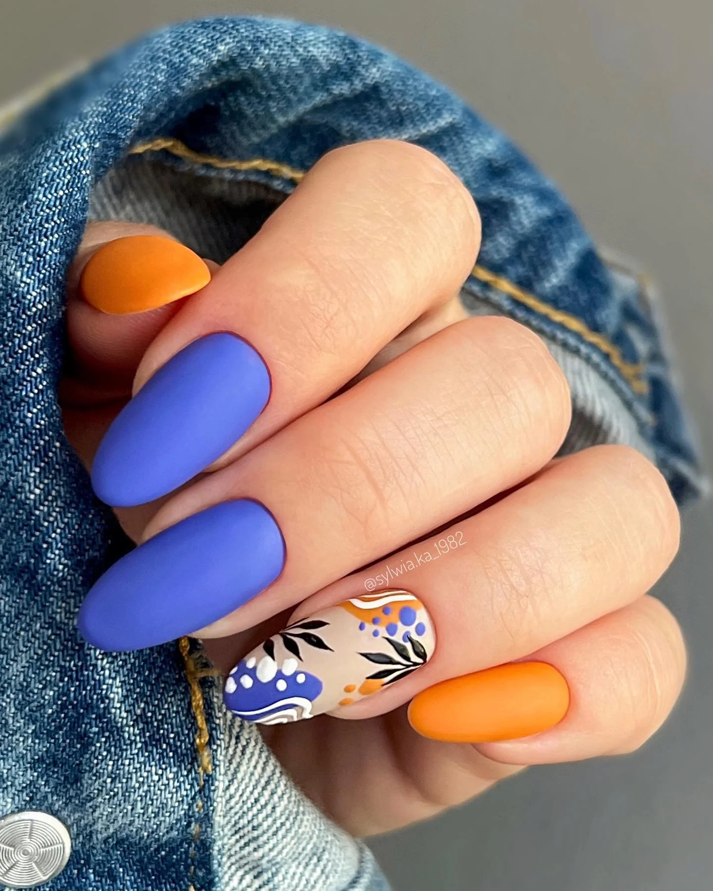 fall nails for pale skin 2026 Cobalt Blue And Pumpkin Orange With Folk Florals